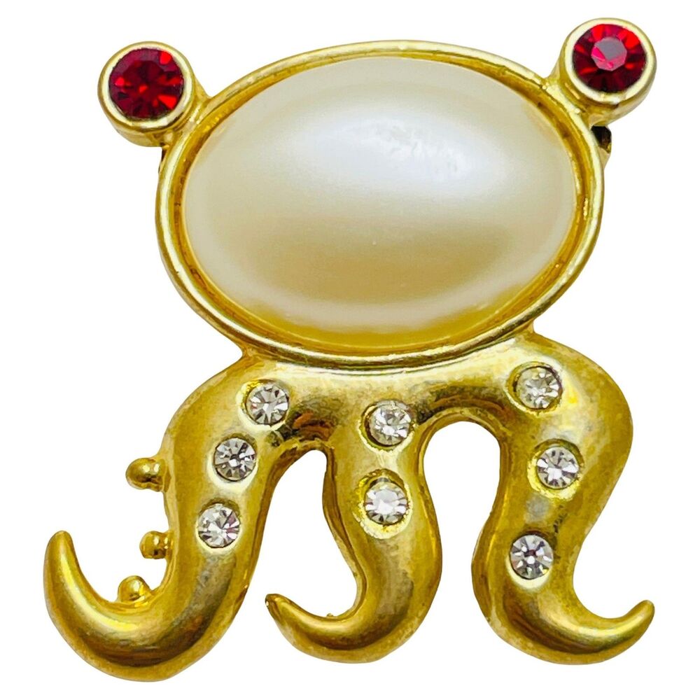 Vintage gold pearl rhinestone small octopus designer brooch